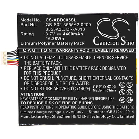 3.7V, Li-Polymer, 4400mAh, Tablet battery fits Amazon, 3555a2l, D01400, Kindle Fire, 16.28Wh Tablet Cameron Sino Technology Limited