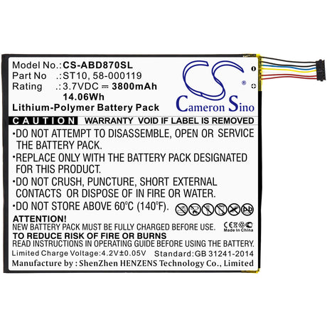 3.7V, Li-Polymer, 3800mAh, Tablet battery fits Amazon, 26s1008, B00vkiy9rg, Kindle Fire Hd 10, 14.06Wh Tablet Cameron Sino Technology Limited
