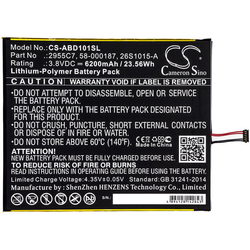 3.8V, Li-Polymer, 6200mAh, 58-000377 Tablet battery fits amazon fire hd 10 (11th generation), Kindle Fire Hd 10.1 7th, 23.56Wh Tablet Cameron Sino Technology Limited
