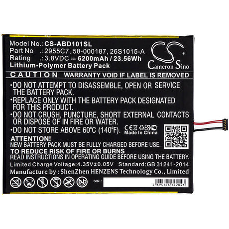 3.8V, Li-Polymer, 6200mAh, 58-000377 Tablet battery fits amazon fire hd 10 (11th generation), Kindle Fire Hd 10.1 7th, 23.56Wh Tablet Cameron Sino Technology Limited