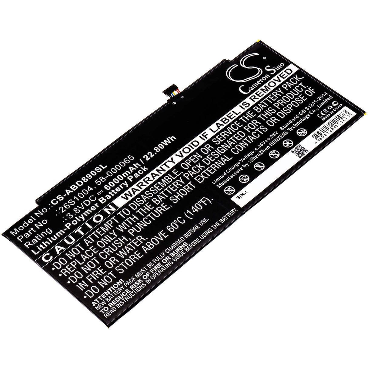 3.8V, Li-Polymer, 6000mAh, Tablet battery fits Amazon, 26s1004, Gpz45rw, Gu045rw, 22.80Wh Tablet Cameron Sino Technology Limited