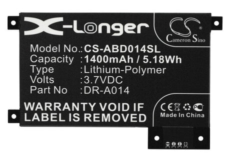 3.7V, Li-Polymer, 1400mAh, E-book, E-reader battery fits Amazon, 170-1056-00, D01200, Dr-a014, 5.18Wh E-book, E-reader Cameron Sino Technology Limited