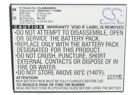 3.7V, Li-ion, 1900mAh, SmartPhone battery fits Amoi, No.20, 862w, A900t, 7.03Wh Mobile, SmartPhone Cameron Sino Technology Limited (Smartphone)