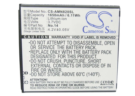3.7V, Li-ion, 1650mAh, SmartPhone battery fits Amoi, No.14, N818, N820, 6.11Wh Mobile, SmartPhone Cameron Sino Technology Limited (Suspended)