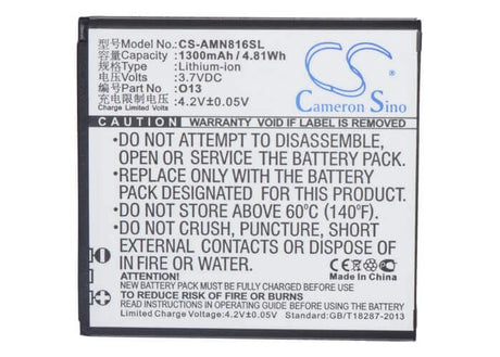 3.7V, Li-ion, 1300mAh, SmartPhone battery fits Amoi, O13, N806, N807, 4.81Wh Mobile, SmartPhone Cameron Sino Technology Limited (Smartphone)