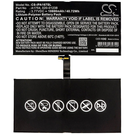 3.77V, Li-Polymer, 10800mAh, Tablet battery fits Apple, 020-01238, A1670, A1671, 40.72Wh Tablet Cameron Sino Technology Limited