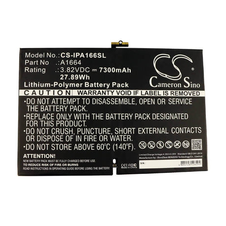 3.82V, Li-Polymer, 7300mAh, Tablet battery fits Apple, A1664, A1673, A1674, 27.89Wh Tablet Cameron Sino Technology Limited