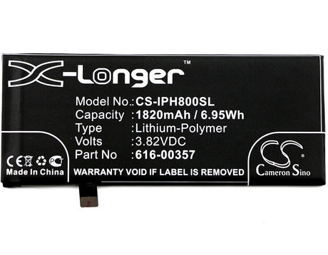 3.82V, Li-Polymer, 1820mAh, SmartPhone battery fits Apple, 616-00357, A1863, Iphone 8, 6.95Wh Mobile, SmartPhone Cameron Sino Technology Limited (Smartphone)