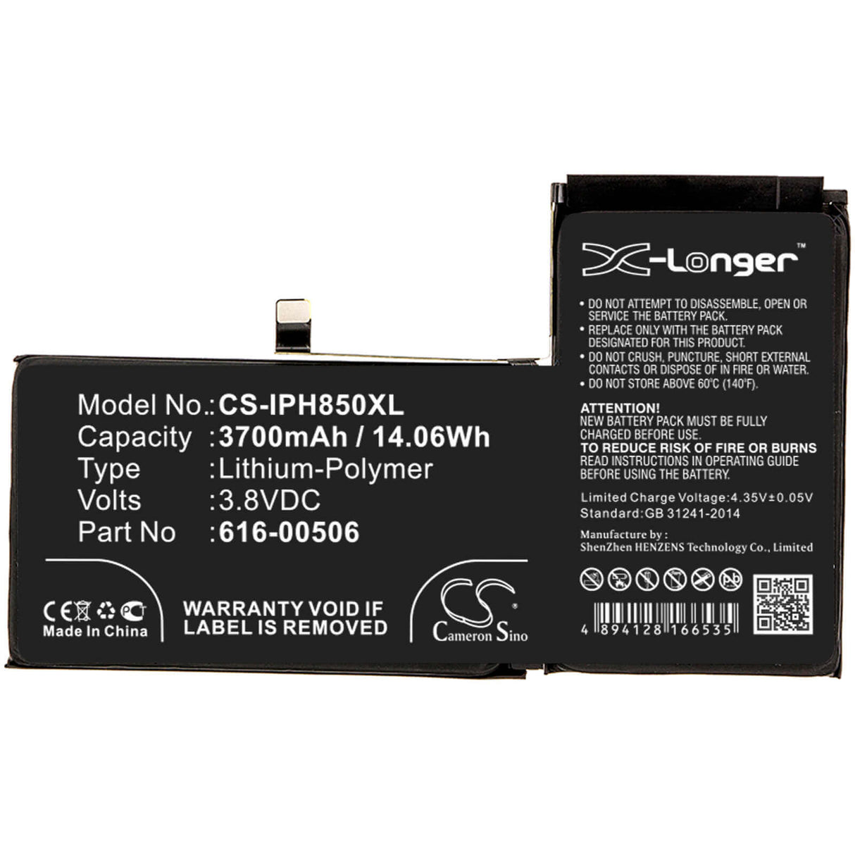 3.8V, Li-Polymer, 3700mAh, SmartPhone battery fits Apple, 616-00506, A1921, A2014, 14.06Wh Mobile, SmartPhone Cameron Sino Technology Limited (Smartphone)