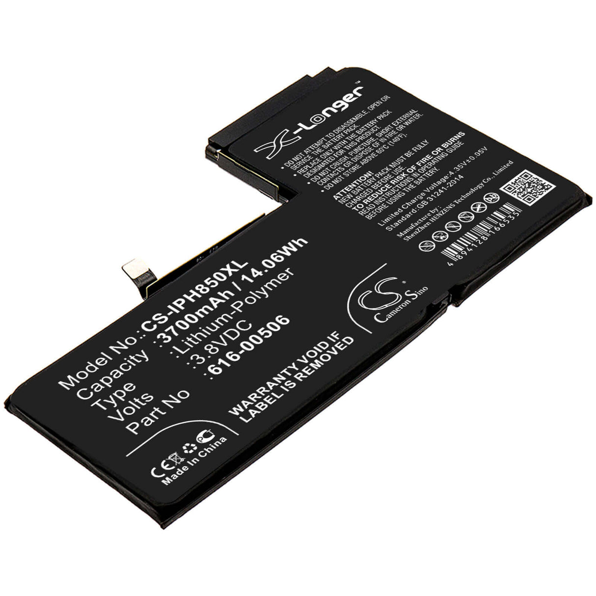 3.8V, Li-Polymer, 3700mAh, SmartPhone battery fits Apple, 616-00506, A1921, A2014, 14.06Wh Mobile, SmartPhone Cameron Sino Technology Limited (Smartphone)