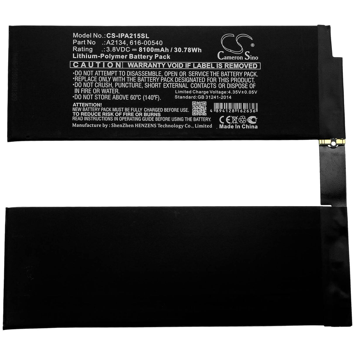 3.8V, Li-Polymer, 8100mAh, Tablet battery fits Apple, 616-00540, A2123, A2152, 30.78Wh Tablet Cameron Sino Technology Limited