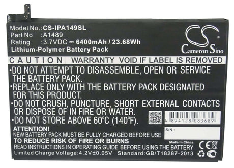 3.7V, Li-Polymer, 6400mAh, Tablet battery fits Apple, A1489, A1489, A1490, 23.68Wh Tablet Cameron Sino Technology Limited