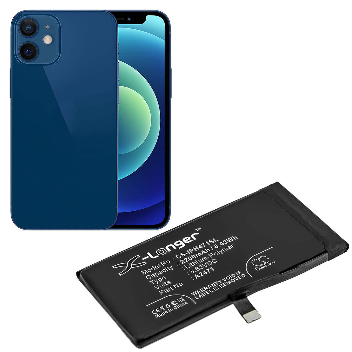 3.83V, Li-Polymer, 2200mAh, SmartPhone battery fits Apple, A2471, Iphone 12 Mini, 8.43Wh Mobile, SmartPhone Cameron Sino Technology Limited (Smartphone)