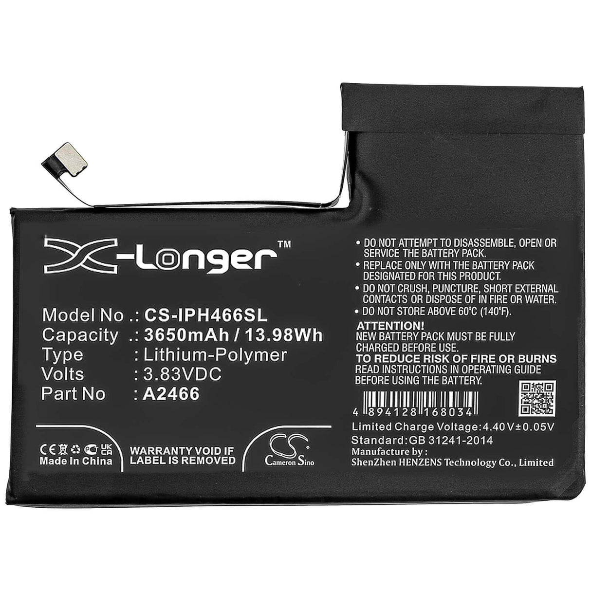 3.83V, Li-Polymer, 3650mAh, SmartPhone battery fits Apple, A2466, Iphone 12 Pro Max, 13.98Wh Mobile, SmartPhone Cameron Sino Technology Limited (Smartphone)