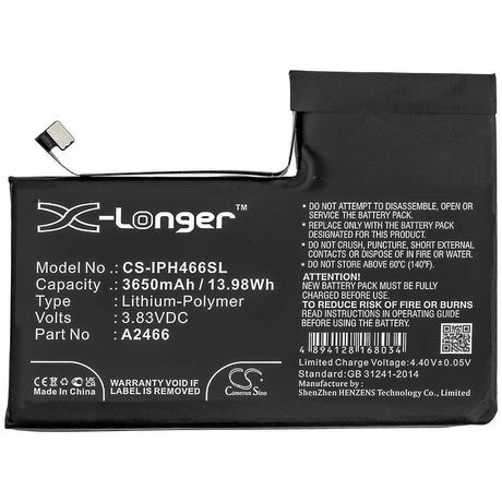 3.83V, Li-Polymer, 3650mAh, SmartPhone battery fits Apple, A2466, Iphone 12 Pro Max, 13.98Wh Mobile, SmartPhone Cameron Sino Technology Limited (Smartphone)