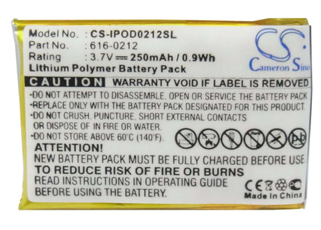 3.7V, Li-Polymer, 250mAh, Media Player battery fits Apple, 616-0212, Ipod Shuffle, Ipod Shuffle Mb226ll/a, 0.93Wh Media Player Cameron Sino Technology Limited