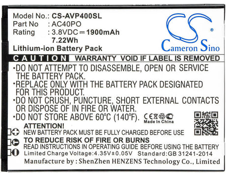 3.8V, Li-ion, 1900mAh, SmartPhone battery fits Archos, Ac40po, 40 Power, 7.22Wh Mobile, SmartPhone Cameron Sino Technology Limited (Smartphone)