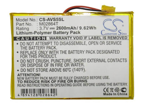 3.7V, Li-Polymer, 2600mAh, Media Player battery fits Archos, M02864t, 5 60gb, 9.62Wh Media Player Cameron Sino Technology Limited
