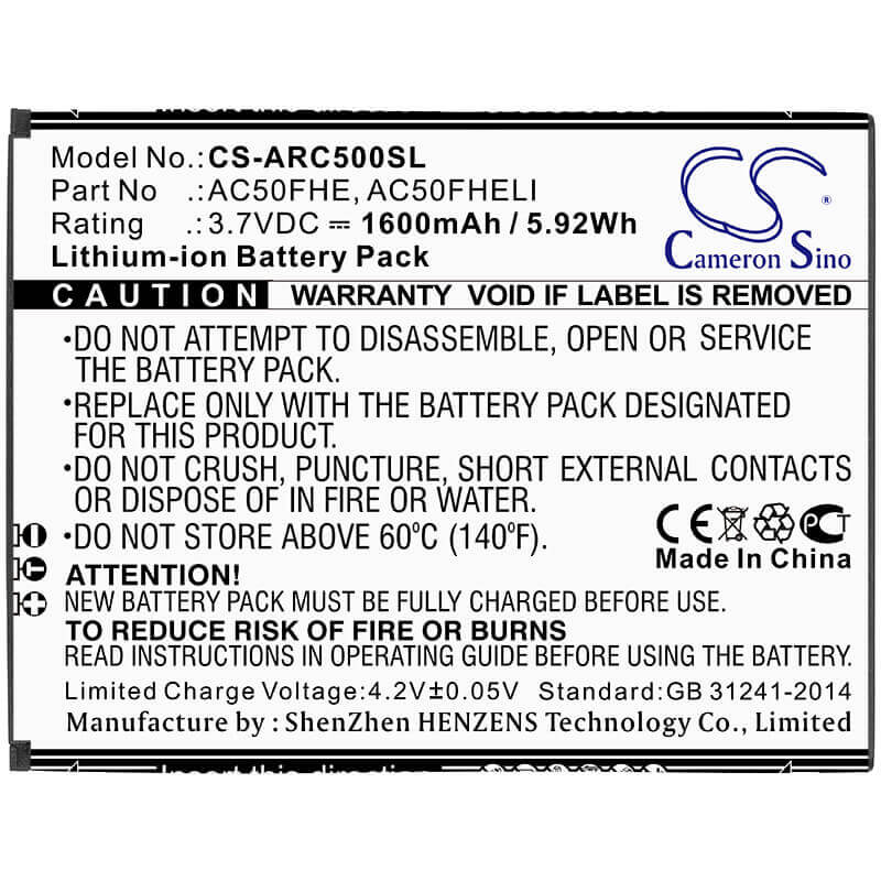3.7V, Li-ion, 1600mAh, SmartPhone battery fits Archos, Ac50fhe, 50f Helium Lite, Gx395872, 5.92Wh Mobile, SmartPhone Cameron Sino Technology Limited (Smartphone)