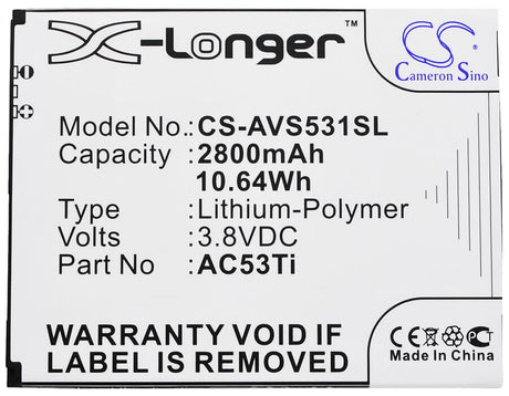 3.8V, Li-Polymer, 2800mAh, SmartPhone battery fits Archos, Ac53ti, 53 Titanium, 10.64Wh Mobile, SmartPhone Cameron Sino Technology Limited (Suspended)