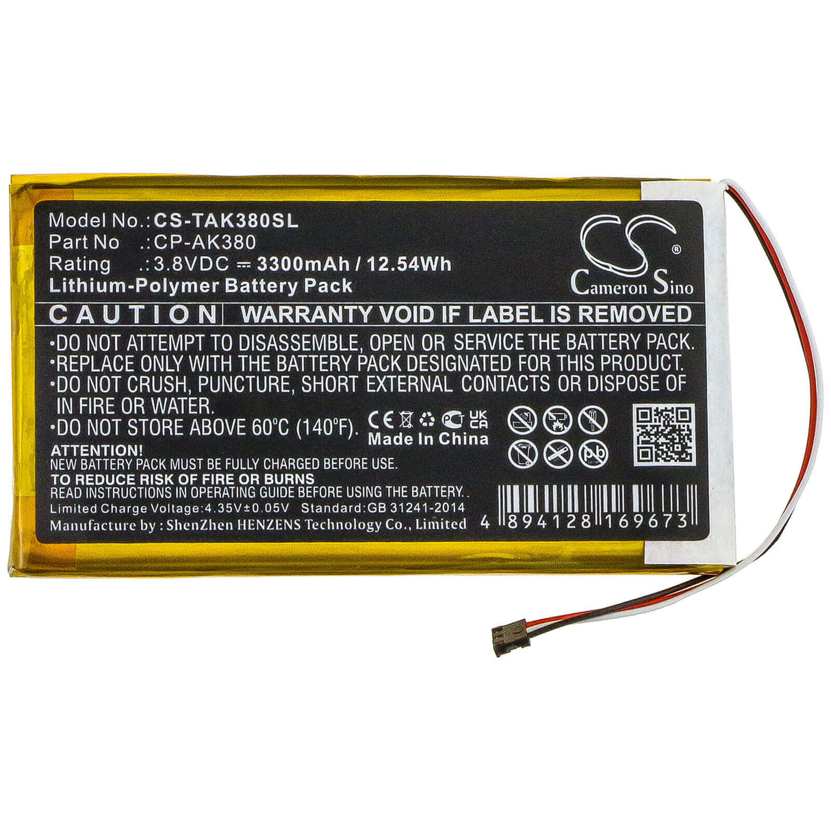 3.8V, Li-Polymer, 3300mAh, Media Player battery fits Astell&kern, Cp-ak380, Ak300, Ak380, 12.54Wh Media Player Cameron Sino Technology Limited