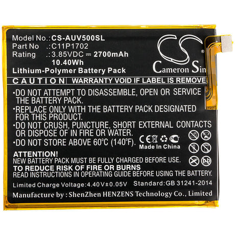 3.85V, Li-Polymer, 2700mAh, SmartPhone battery fits Asus, C11p1702, A009, V500kl, 10.4Wh Mobile, SmartPhone Cameron Sino Technology Limited (Smartphone)
