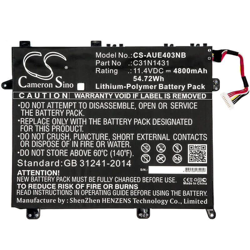 Notebook Battery For Asus, Eee Book E403s, Eee Book E403sa, 4800mah - 54.72wh Notebook, Laptop Cameron Sino Technology Limited   