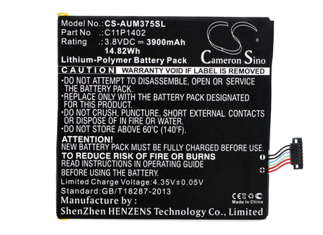 3.8V, Li-Polymer, 3900mAh, Tablet battery fits Asus, C11p1402, Fe375cg, Fe375cxg, 14.82Wh Tablet Cameron Sino Technology Limited
