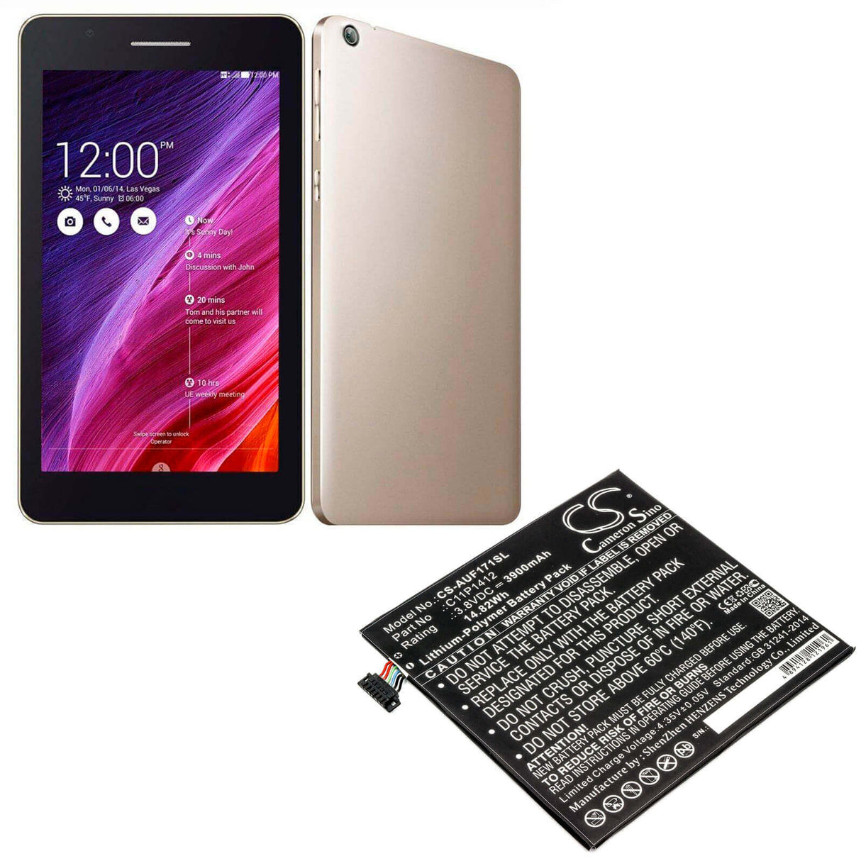 3.8V, Li-Polymer, 3900mAh, Tablet battery fits Asus, 0b200-01260000, Fe170cg, Fe175cg, 14.82Wh Tablet Cameron Sino Technology Limited
