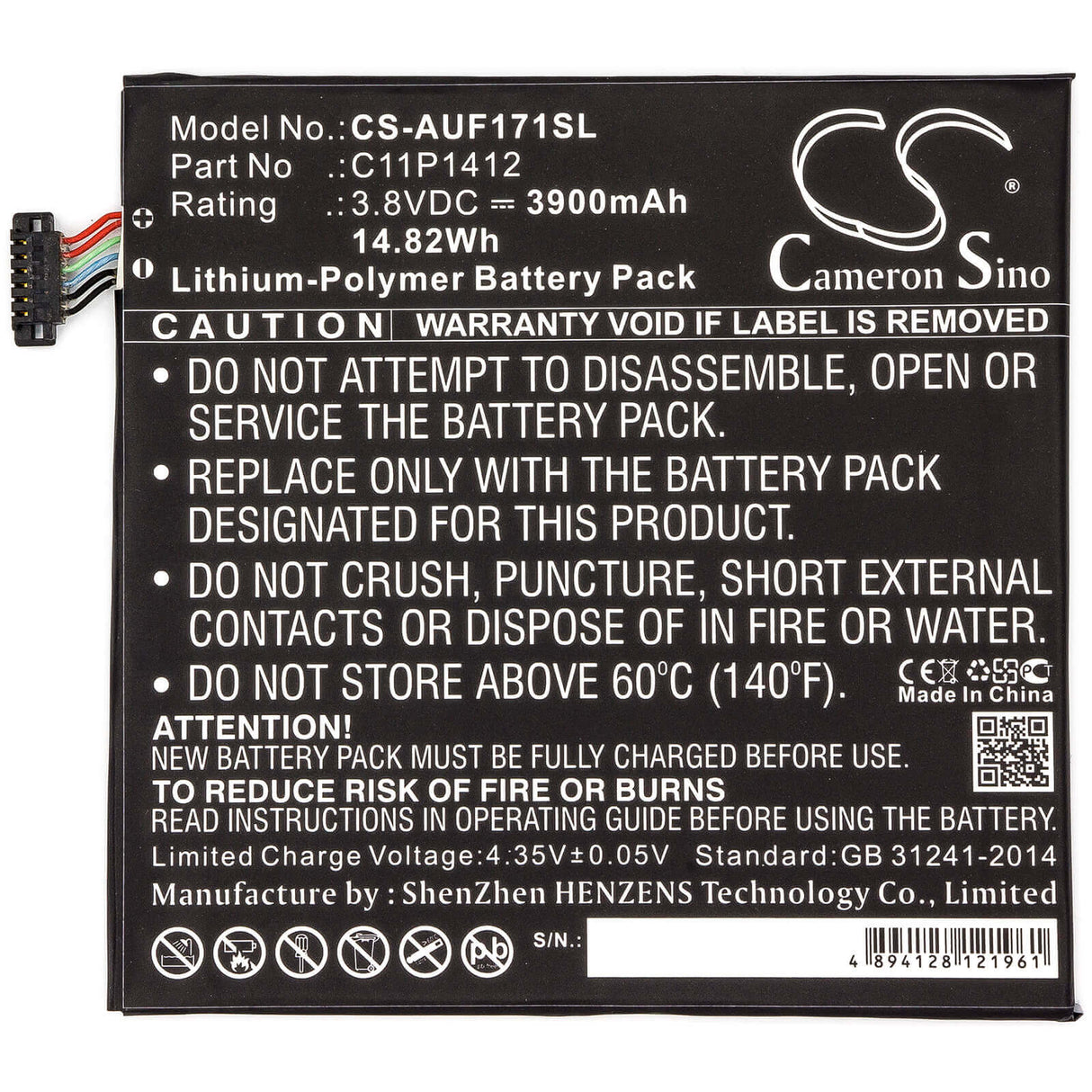 3.8V, Li-Polymer, 3900mAh, Tablet battery fits Asus, 0b200-01260000, Fe170cg, Fe175cg, 14.82Wh Tablet Cameron Sino Technology Limited