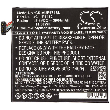 3.8V, Li-Polymer, 3900mAh, Tablet battery fits Asus, 0b200-01260000, Fe170cg, Fe175cg, 14.82Wh Tablet Cameron Sino Technology Limited