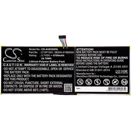 3.7V, Li-Polymer, 6700mAh, Tablet battery fits Asus, 0b200-01580000, K00a, Me302c, 24.79Wh Tablet Cameron Sino Technology Limited