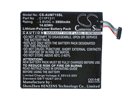 3.8V, Li-Polymer, 3900mAh, Tablet battery fits Asus, 0b200-00710000, Fonepad 7 Me175cg, Fonepad Me175cg Fonepad 7, 14.82Wh Tablet Cameron Sino Technology Limited