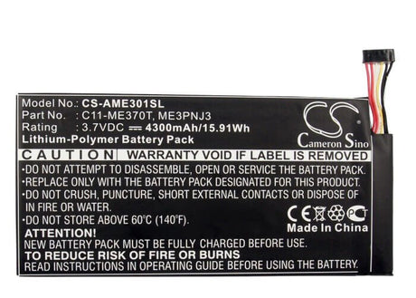 3.7V, Li-Polymer, 4300mAh, Tablet battery fits Google, Asus, 0b200-00120100m-a1a1a-219-17qe, Me370t, Memo Pad Me370t, 15.91Wh Tablet Cameron Sino Technology Limited