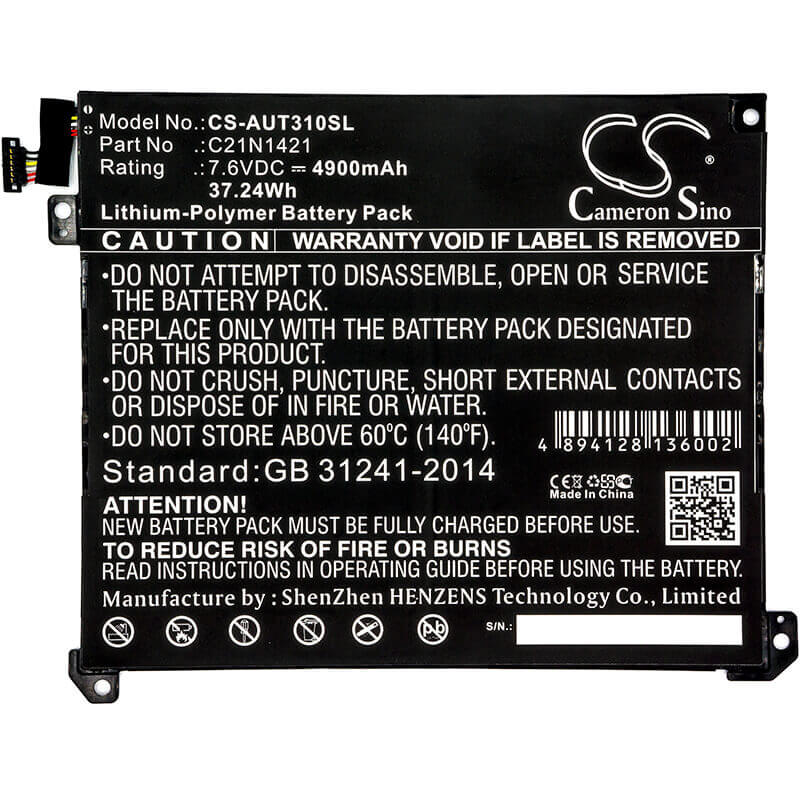 7.6V, Li-Polymer, 4900mAh, Tablet battery fits Asus, 0b200-00570200, T300chi, T300chi_c, 37.24Wh Tablet Cameron Sino Technology Limited