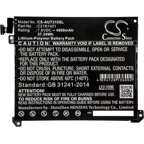 7.6V, Li-Polymer, 4900mAh, Tablet battery fits Asus, 0b200-00570200, T300chi, T300chi_c, 37.24Wh Tablet Cameron Sino Technology Limited