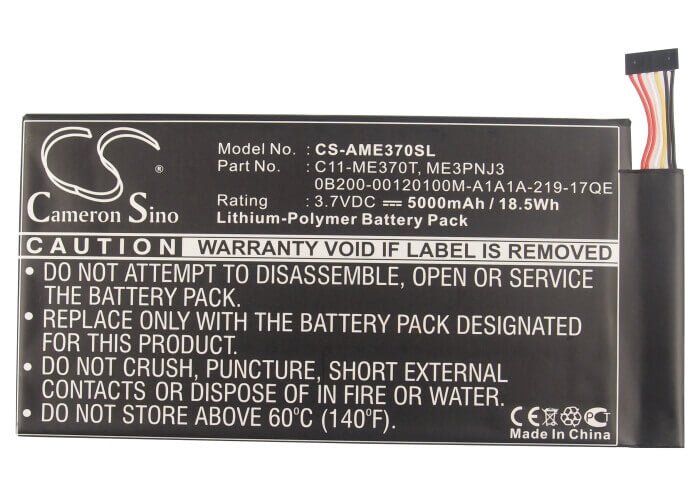 3.7V, Li-Polymer, 5000mAh, Tablet battery fits Asus, C11-me301t, 110-0329h, K001, 18.50Wh Tablet Cameron Sino Technology Limited
