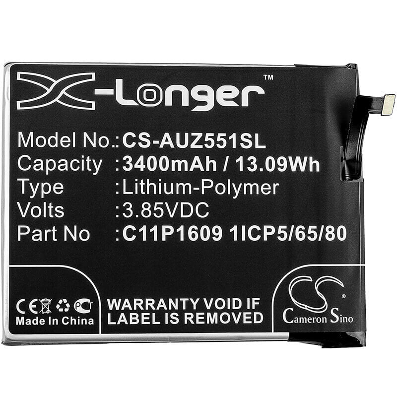 3.85V, Li-Polymer, 3400mAh, SmartPhone battery fits Asus, C11p1609 1icp5/65/80, X00dda, Z00dda, 13.09Wh Mobile, SmartPhone Cameron Sino Technology Limited (Smartphone)