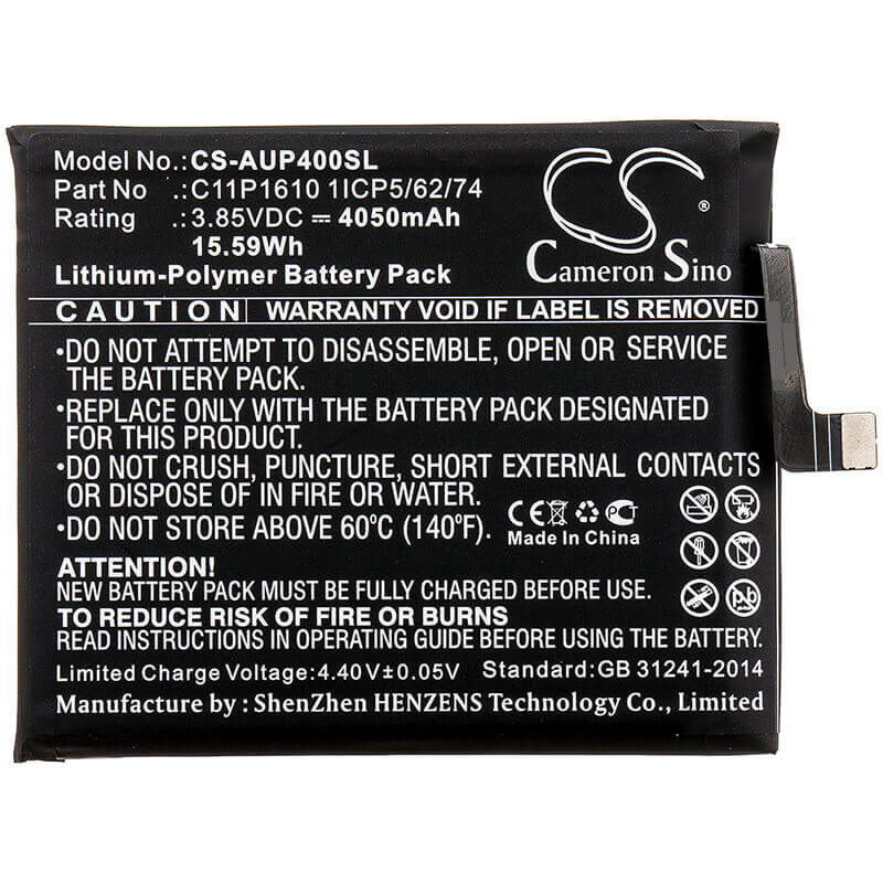 3.85V, Li-Polymer, 4050mAh, SmartPhone battery fits Asus, C11p1610 1icp5/62/74, Zb500tl, Zenfone Pegasus 4a, 15.59Wh Mobile, SmartPhone Cameron Sino Technology Limited (Smartphone)
