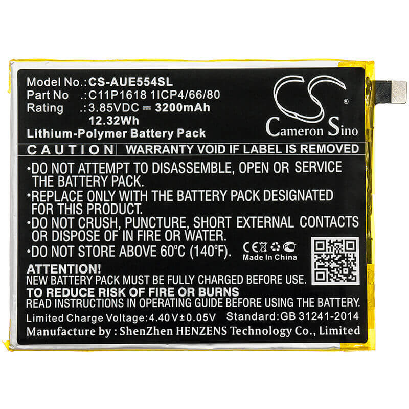 3.85V, Li-Polymer, 3200mAh, SmartPhone battery fits Asus, C11p1618 1icp4/66/80, Ze554kl, Zenfone 4, 12.32Wh Mobile, SmartPhone Cameron Sino Technology Limited (Smartphone)