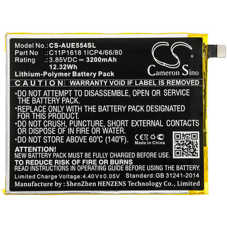 3.85V, Li-Polymer, 3200mAh, SmartPhone battery fits Asus, C11p1618 1icp4/66/80, Ze554kl, Zenfone 4, 12.32Wh Mobile, SmartPhone Cameron Sino Technology Limited (Smartphone)