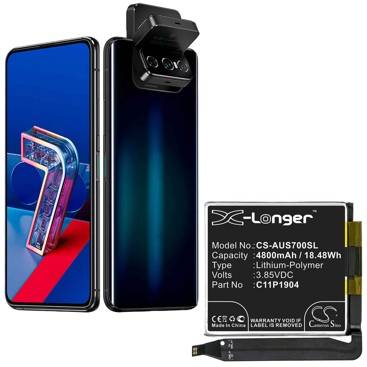 3.85V, Li-Polymer, 4800mAh, SmartPhone battery fits Asus, 0b200-03740200, Zenfone 7, Zenfone 7 Pro, 18.48Wh Mobile, SmartPhone Cameron Sino Technology Limited (Smartphone)