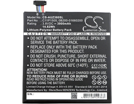3.8V, Li-Polymer, 3900mAh, Tablet battery fits Asus, 0b200-01660200, P022, P024, 14.82Wh Tablet Cameron Sino Technology Limited
