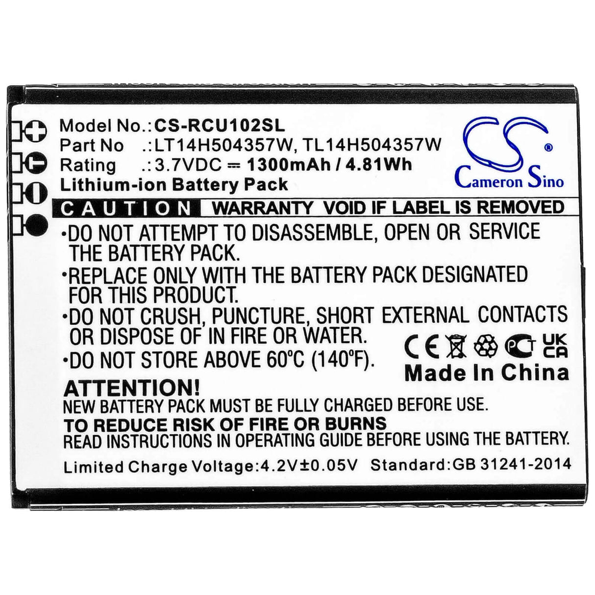3.7V, Li-ion, 1300mAh, SmartPhone battery fits At&t, Cricket, Cingular, Lt14h504357w, Flip Iv, U102aa, 4.81Wh Mobile, SmartPhone Cameron Sino Technology Limited (Smartphone)