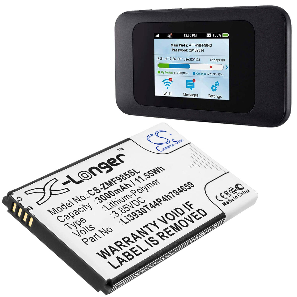 3000mAh, At&t, Zte, Li3930t44p4h794659, Velocity 2 Hotspot Replacement ...