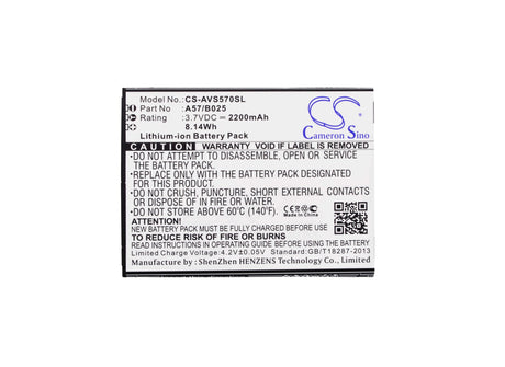 3.7V, Li-ion, 2200mAh, SmartPhone battery fits Avus, A57/b025, A57, 8.14Wh Mobile, SmartPhone Cameron Sino Technology Limited (Smartphone)
