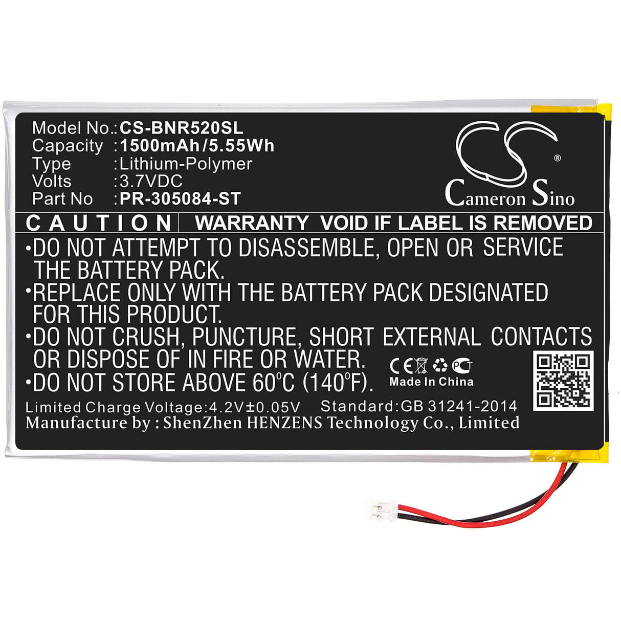 3.7V, Li-Polymer, 1500mAh, E-book, E-reader battery fits Barnes & Noble, Pr-305084-st, Bnrv520, Glowlight 3, 5.55Wh E-book, E-reader Cameron Sino Technology Limited