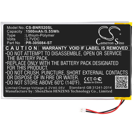 3.7V, Li-Polymer, 1500mAh, E-book, E-reader battery fits Barnes & Noble, Pr-305084-st, Bnrv520, Glowlight 3, 5.55Wh E-book, E-reader Cameron Sino Technology Limited