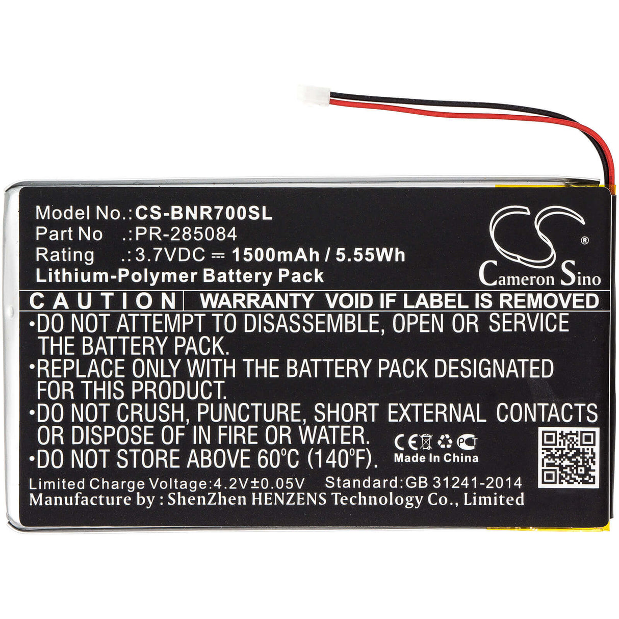 3.7V, Li-Polymer, 1500mAh, Tablet battery fits Barnes & Noble, Pr-285084, Bnrv700, Glowlight Plus 7.8, 5.55Wh Tablet Cameron Sino Technology Limited