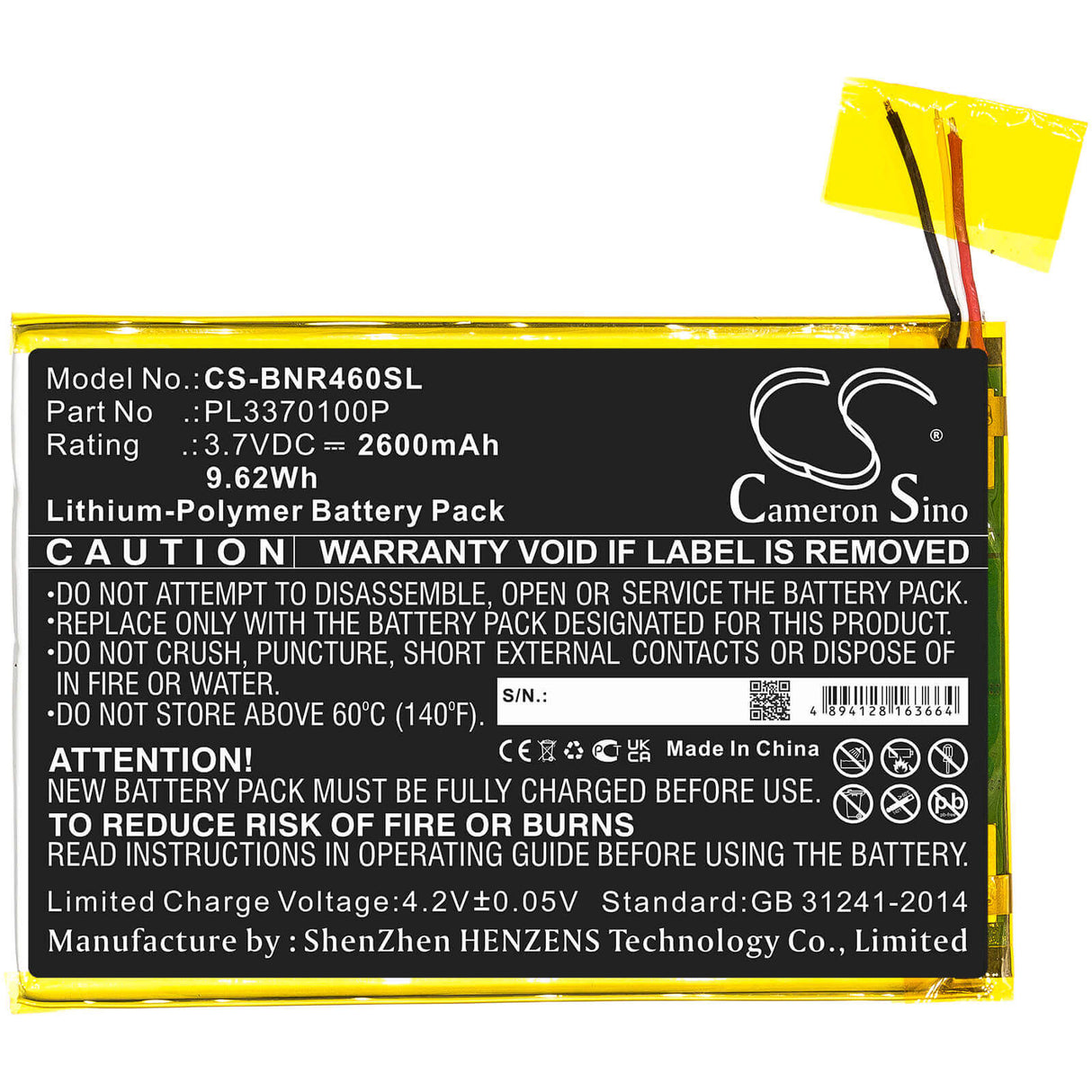 3.7V, Li-Polymer, 2600mAh, Tablet battery fits Barnes & Noble, Pl3370100p, Bntv450, Bntv460, 9.62Wh Tablet Cameron Sino Technology Limited